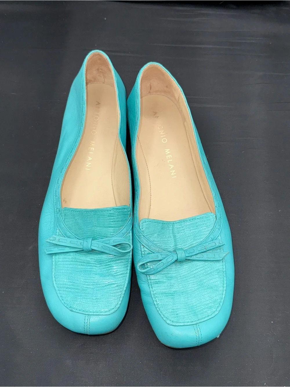Antonio Melani Turquoise Leather Ballet Flats Coastal Grandmillennial Bow Sz 9